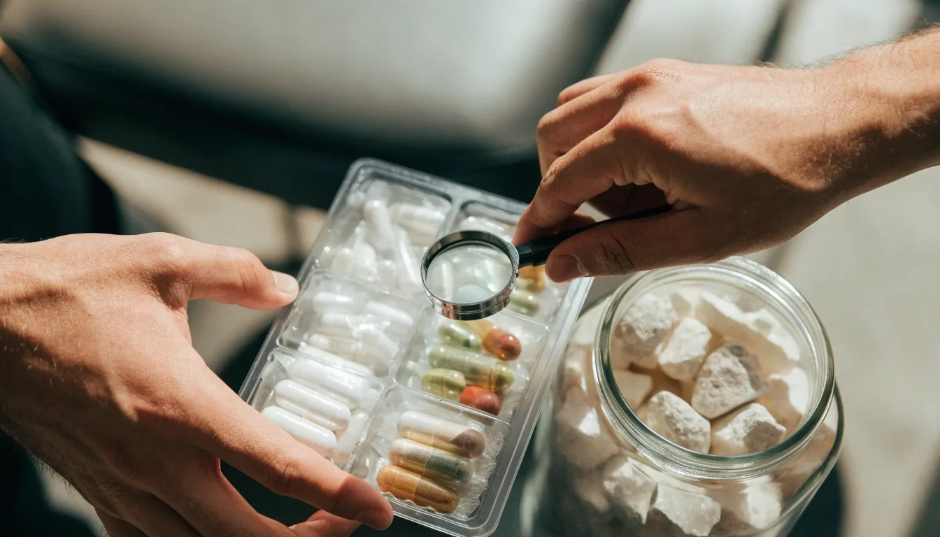 Overhead view of the Perkasa Indo Wellness studio bench in Bandung, with hands, a loupe, capsule trays and a mineral jar