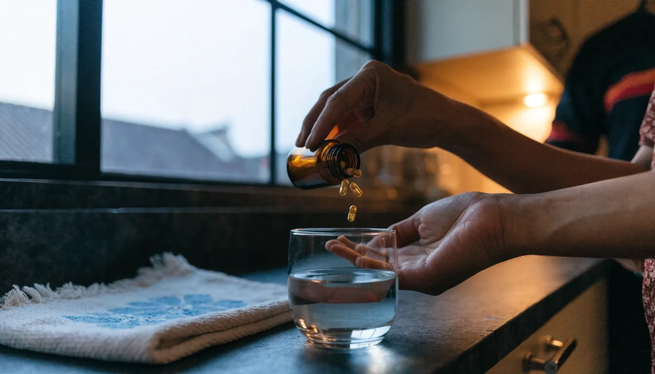 Amber glass capsule bottle, a glass of water and a folded towel on a dark slate kitchen counter lit by early morning light