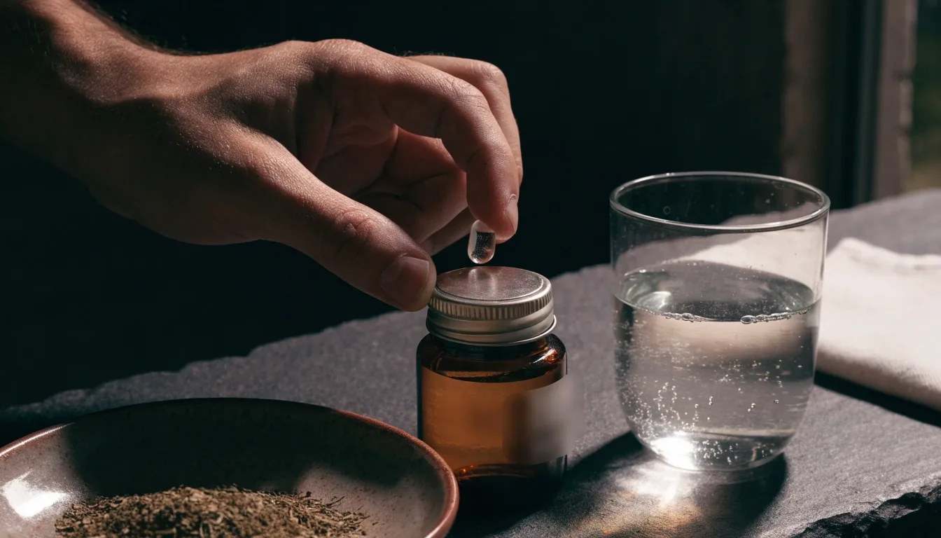 Overhead view of a capsule jar, small herb dish, water glass and folded cloth on a dark bench