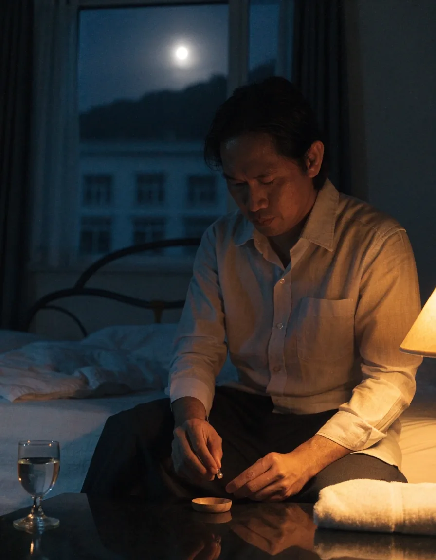 Running shoes and a rolled towel on a dark floor at dusk while someone ties a lace