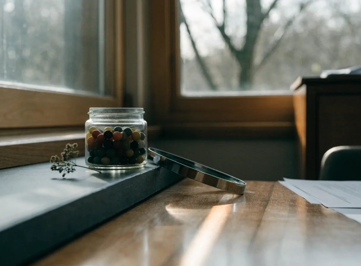 A studio window in Bandung with a slate desk, a glass jar of capsules and a dried botanical sprig in morning light