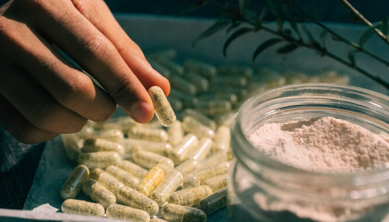 A slate workbench with unbranded supplement capsules, an open jar of mineral powder and a botanical sprig under low studio light