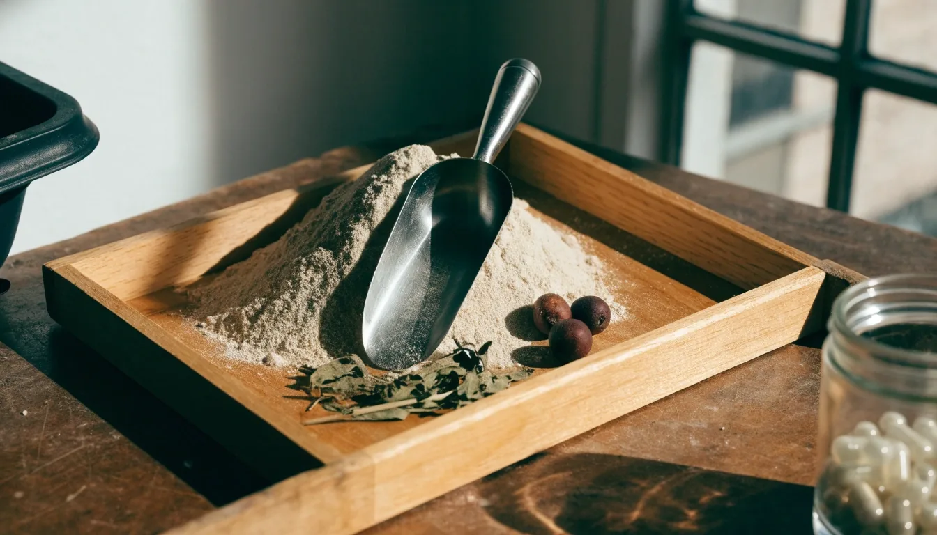 A wide low-key slate bench with three trays of unbranded capsules, an open jar and dried botanical fragments