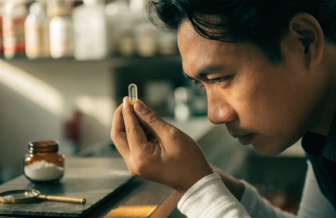 A hand turning a clear capsule above a dark slate desk with a jar and a loupe nearby