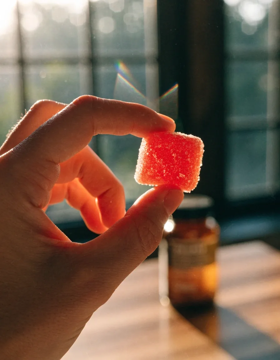 Macro of a gummy cube corner on slate