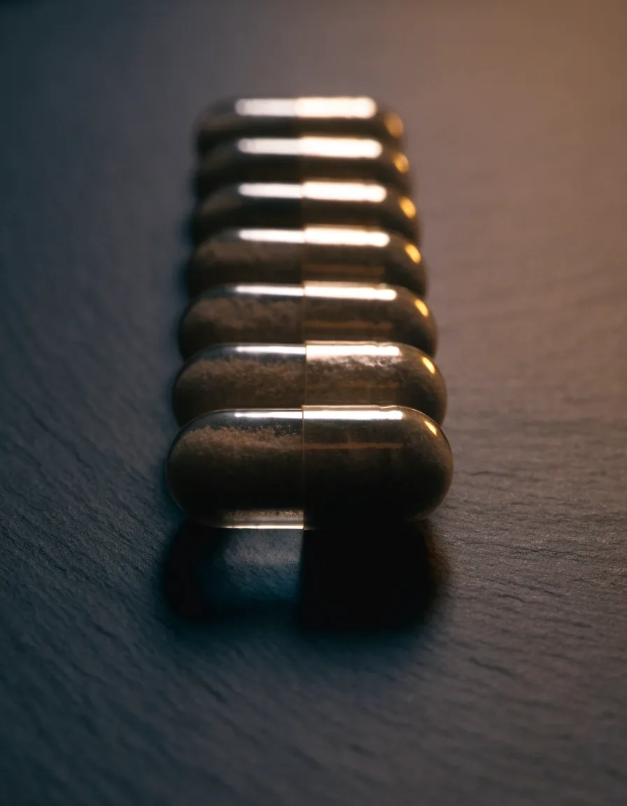 Clear two-piece capsules lined on dark slate under amber light