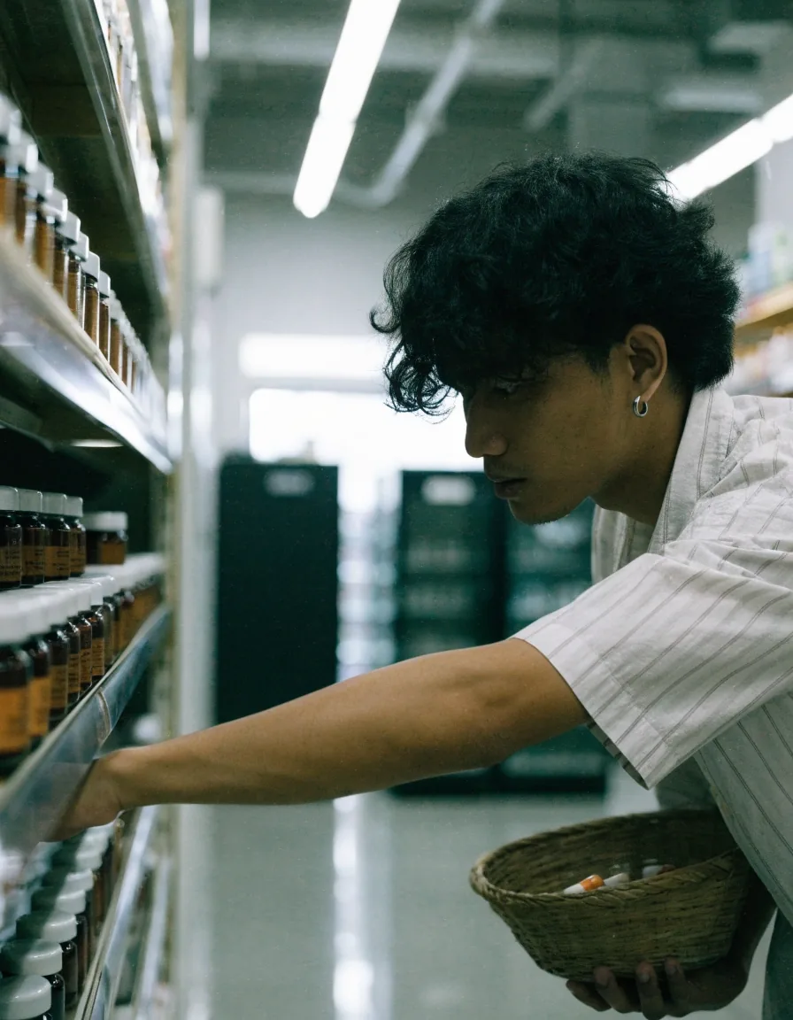 A man browsing blank supplement jars on a pharmacy shelf
