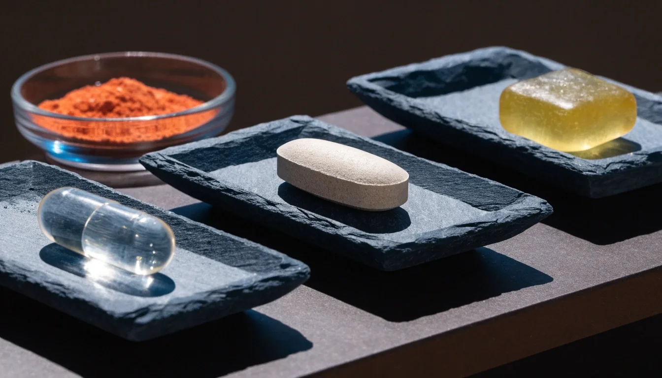 Capsule, tablet, and gummy formats arranged in three trays on a dark studio bench